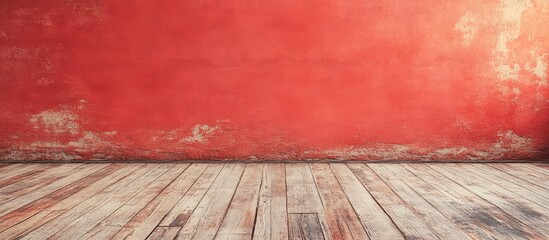 Textured red wall with wooden floor and ample copy space for text or graphics