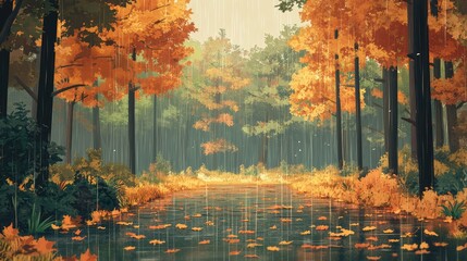 Poster - Autumn forest landscape with colorful foliage, rain, and water reflections in tranquil scene, Copy Space for text.
