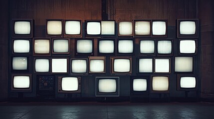 Leinwandbilder - Vintage televisions arranged in a grid pattern with glowing screens against a textured wall Copy Space