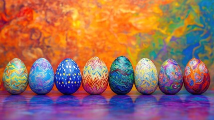 Fototapete - Colorful Hand-painted Easter Eggs Displayed on a Vibrant Abstract Background with Copy Space