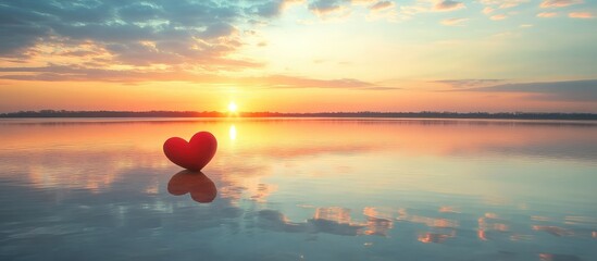 Aufkleber - Red heart shape placed on calm water at sunset with colorful sky reflections and Copy Space for text.