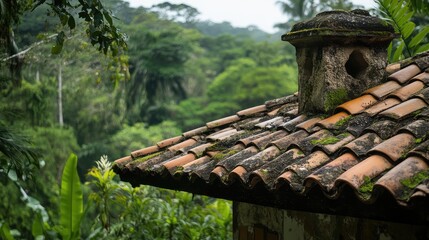 Poster - Rooftop with Mossy Tiles Overlooking Lush Green Jungle in Tropical Forest Environment Copy Space