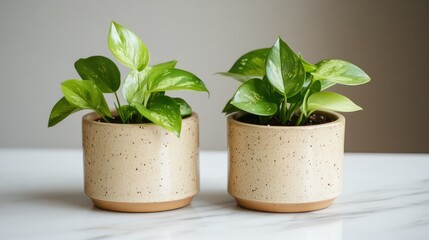 Leinwandbilder - Indoor plants in decorative ceramic pots on a marble surface with soft lighting Copy Space