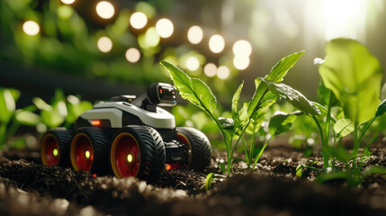 Aufkleber - high tech robotic harvester in lush farm setting, surrounded by vibrant green plants and soft sunlight, showcases future of agriculture