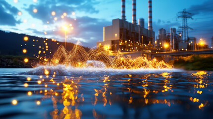 Fototapete - stunning hydroelectric power plant at dusk, with illuminated water splashes creating vibrant display. scene captures beauty of energy production and nature harmony