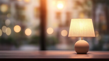 Leinwandbilder - Modern table lamp with a fabric shade illuminated in a cozy setting with bokeh background and soft warm lighting Copy Space