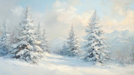 Poster - Winter landscape with snow-covered pine trees in a serene mountainous setting and soft clouds in the sky copy space