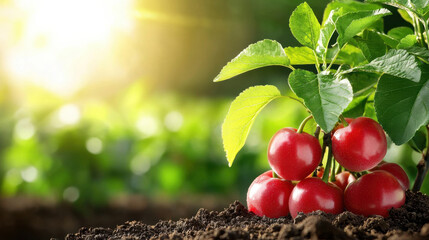 Poster - Fresh cherries growing in vibrant orchard with sunlight filtering through leaves, showcasing nature beauty and agricultural innovation