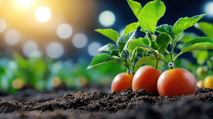 Poster - Smart fruit orchard with IoT sensors showcasing ripe tomatoes growing in soil. vibrant plants thrive under sunlight, highlighting modern agricultural technology
