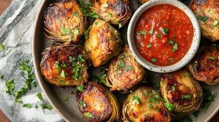 Wall Mural - Grilled artichokes garnished with fresh herbs served with tomato salsa in a bowl on a rustic plate with copy space