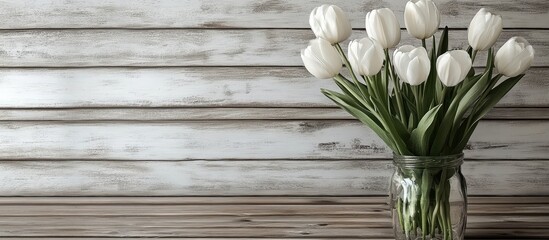 Leinwandbilder - White tulips in a glass vase on wooden background with copy space for text or graphics