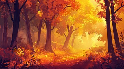 Aufkleber - Autumn forest landscape with vibrant orange foliage and sunlit path through trees Copy Space