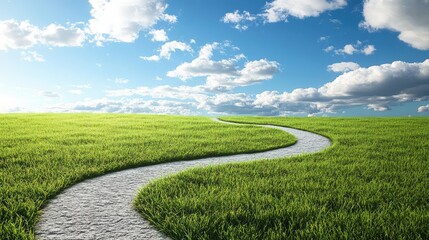 Aufkleber - Green grassy field with winding path under blue sky and fluffy clouds Copy Space