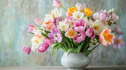 Aufkleber - Colorful spring flower bouquet in a decorative vase on a wooden surface with blurred background and ample Copy Space for text.