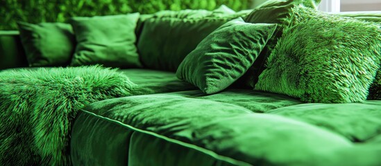 Aufkleber - Comfortable green velvet couch with cushions and textured throw blanket in modern interior setting with greenery backdrop Copy Space