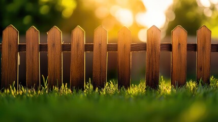 Fototapete - Wooden fence with pointed tops surrounded by green grass during sunset with light bokeh in the background Copy Space