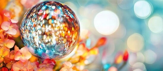 Leinwandbilder - Colorful blurred lights and reflections in a round decorative ball with flowers in the foreground and Copy Space for text.