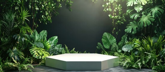 Aufkleber - Greenery background with hexagonal podium and dramatic lighting for presentations or displays Copy Space