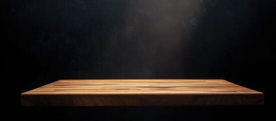 Leinwandbilder - Wooden display shelf isolated on dark background with dramatic lighting and copy space for product showcase or advertisement