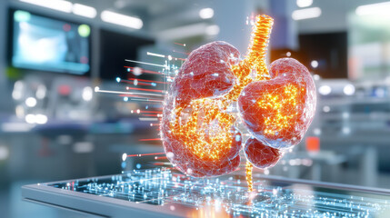Leinwandbilder - 3D model of artificial lungs with glowing connections, showcasing advanced technology in medical lab environment. image illustrates innovation in organ systems