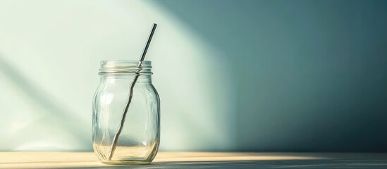 Poster - Glass jar with a metal straw on a wooden surface illuminated by soft light with Copy Space for text placement