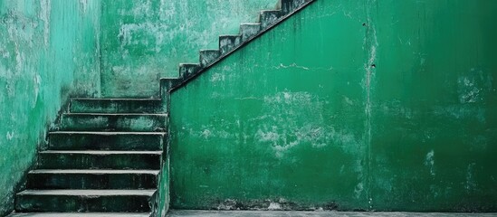 Leinwandbilder - Green grungy wall with worn staircase in urban interior space showcasing texture and depth Copy Space available for text placement