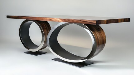 Fototapete - Modern console table with unique abstract metal base and polished wood top on neutral background with Copy Space