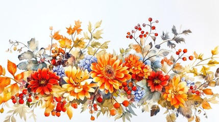 Poster - Colorful watercolor floral arrangement with orange and yellow flowers, berries, and autumn leaves on light background with Copy Space.