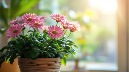 Poster - Pink daisies in a woven basket pot with sunlight streaming through a window in a soft-focus indoor setting Copy Space