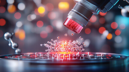 Aufkleber - close up view of microscope examining bio nano interfaces, showcasing vibrant particles and molecular structures. image captures essence of scientific exploration and innovation