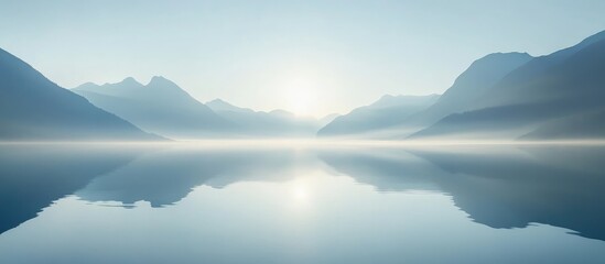 Poster - Serene landscape reflection with misty mountains and calm water during sunrise Copy Space