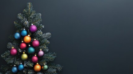 Poster - Christmas tree with colorful ornaments on dark background and copy space for text