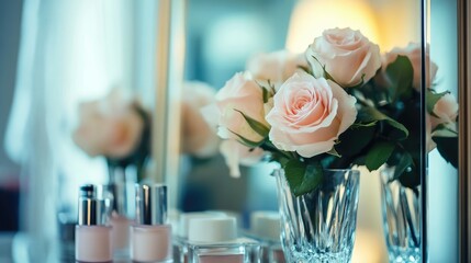 Poster - Elegant pink roses in a crystal vase on a vanity with skincare products and a mirror reflecting soft light Copy Space