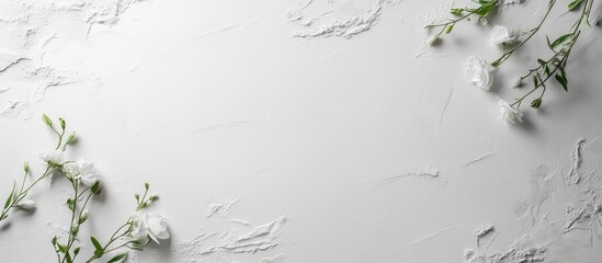 Poster - White textured background with delicate white flowers and greenery arranged on the edges with copy space for text.