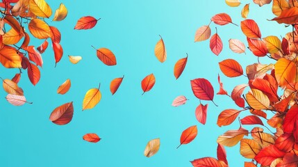 Aufkleber - Colorful autumn leaves falling against a gradient blue background with ample copy space for text insertion