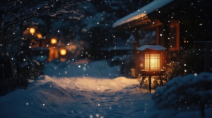 Poster - Winter evening scene with lanterns in snow-covered pathway, softly illuminated by warm light, gently falling snowflakes, Copy Space