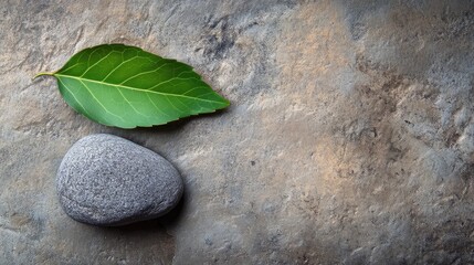 Fototapete - Green leaf on a smooth gray stone resting on a textured surface with copy space for text