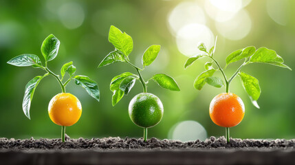 Poster - Genetically modified fruits growing in soil, showcasing vibrant colors and healthy leaves. image captures essence of innovation in agriculture and sustainability