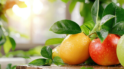 Poster - Fresh fruits with droplets on leaves, showcasing vibrant colors and natural light. scene evokes sense of freshness and vitality, perfect for healthy living