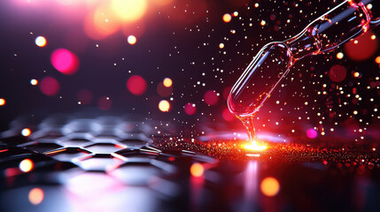Leinwandbilder - close up view of pipette dropping liquid onto textured surface, showcasing vibrant colors and sparkling effects. image captures essence of scientific innovation and precision