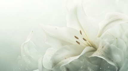 Poster - White lily flower close-up on a soft pale background with blurred green tones and copy space for text.
