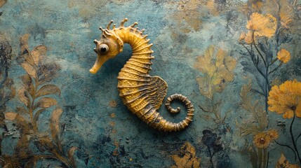 Aufkleber - Seahorse sculpture on textured floral background with copy space for text placement