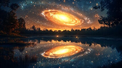 a spiral galaxy glowing brilliantly above a serene lakeside with the water reflecting the light of t