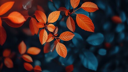 Poster - Vibrant orange and teal leaves against a dark background with Copy Space for text placement