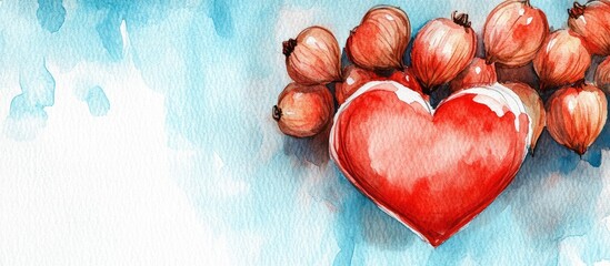 Aufkleber - Heart illustration with onions surrounded by watercolor splash and light blue background with ample copy space for text