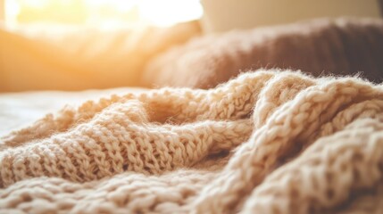 Fototapete - Cozy knitted blanket on soft bed with warm sunlight in background Copy Space