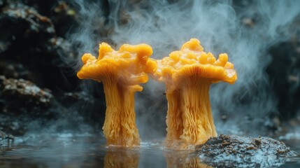 Aufkleber - Orange mushrooms with unique shapes growing in misty environment, close-up view, natural setting, Copy Space available