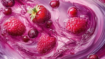Fototapete - Fresh raspberries strawberries and cranberries splashing in pink liquid with swirls Copy Space