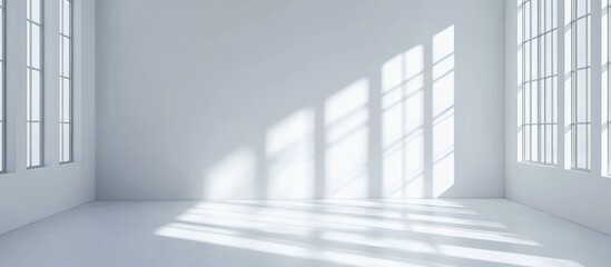 Leinwandbilder - Bright empty room interior with large windows casting shadows on clean white walls and floor providing ample Copy Space for text placement