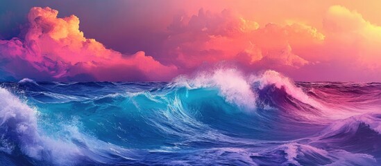 Aufkleber - Vibrant Ocean Waves Under Pink and Purple Skies with Dramatic Clouds and Copy Space